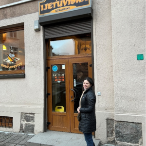 Irina Bukatik standing outside a restaurant in Klaipeda.