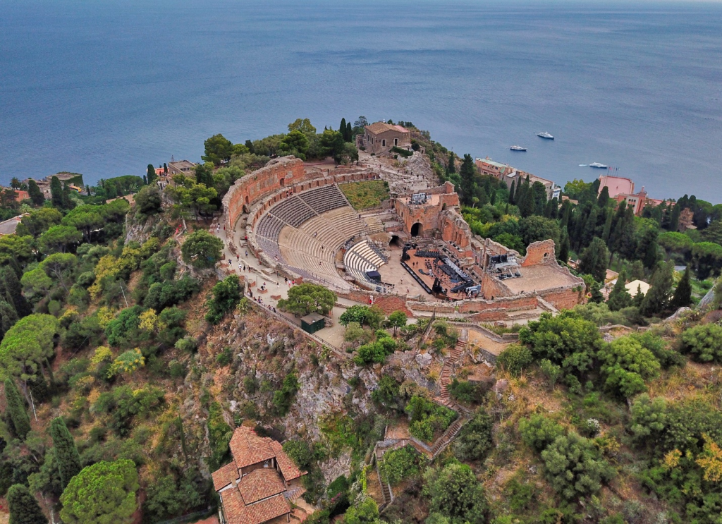an aerial view of the Greek Theatre