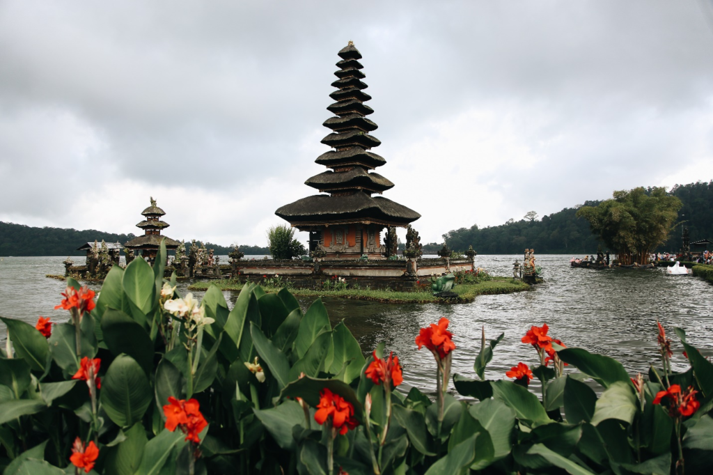 the Ulun Danu Beratan Temple near a body of water in Indonesia